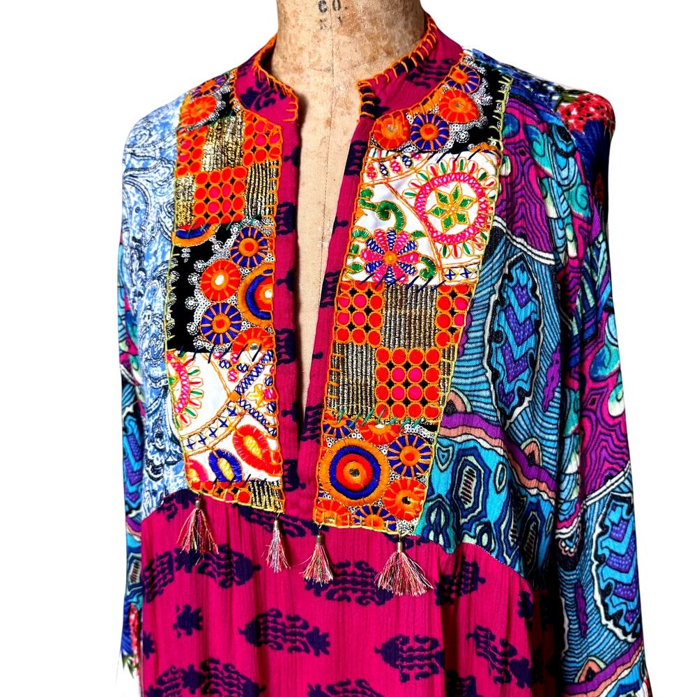 Anandas Patchwork Print Tassel Detail Smock Mini … - image 7